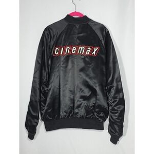 Vintage Cinemax Embroidered Black Satin Bomber Jacket Men's XL Made In USA